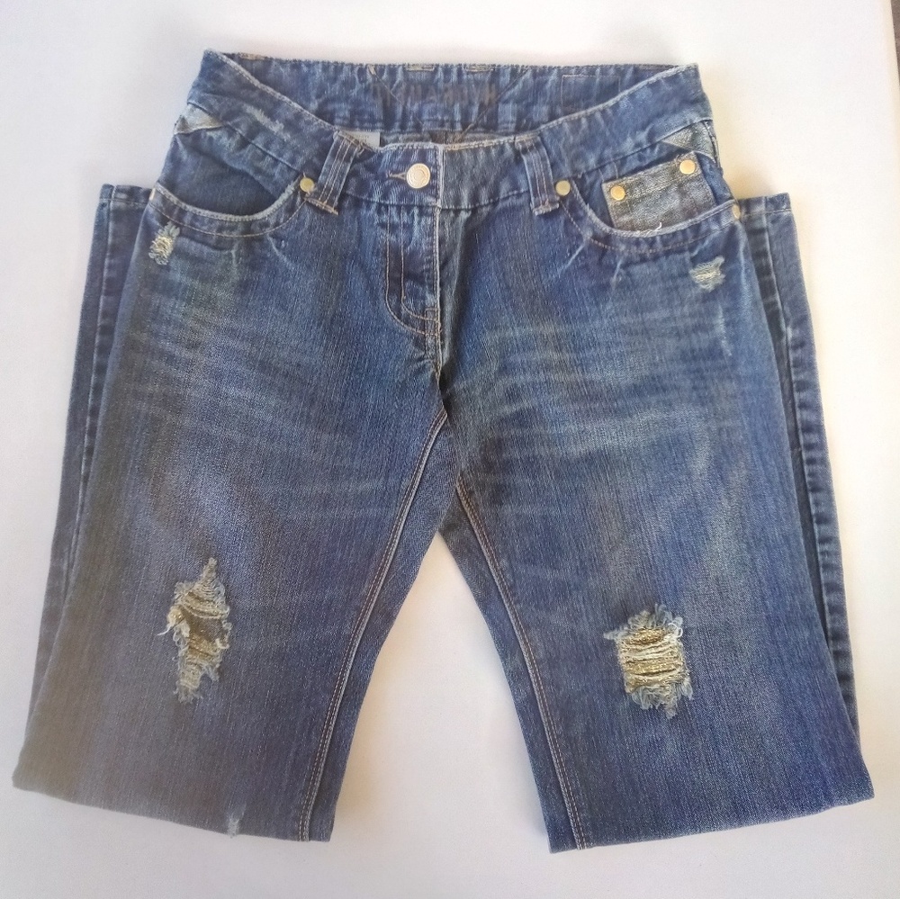 Unique Hydraulic Gold Thread Blue Jeans Size 9/10
